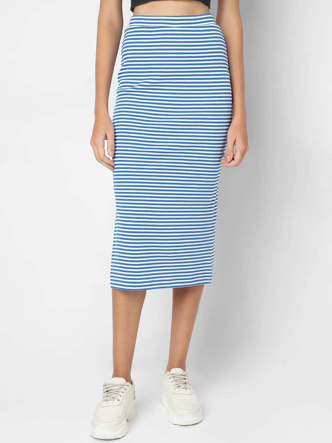 

Vero Moda Women Striped Pencil Midi Skirt, Blue