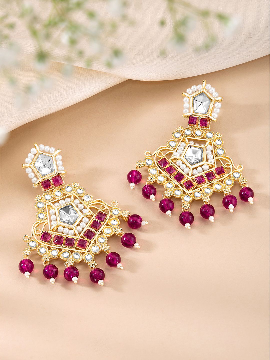 

Peora Gold-Plated Kundan Studded Contemporary Drop Earrings, Pink