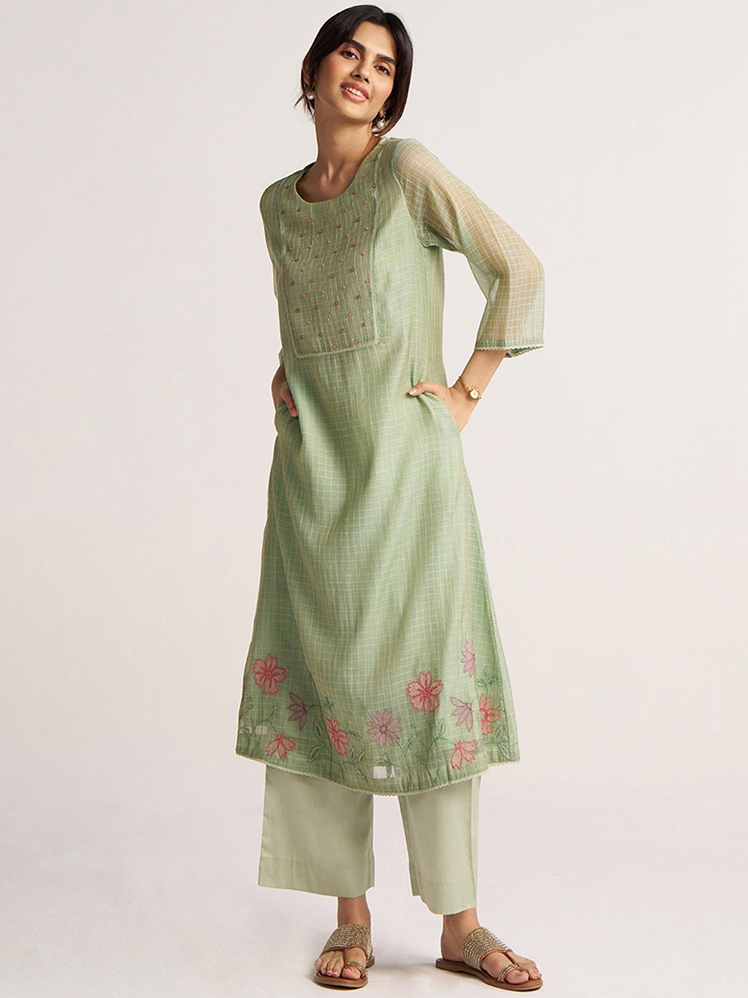 

Ganga Embroidered Beads & Stones Chanderi Silk A Line Kurta with Palazzos, Green