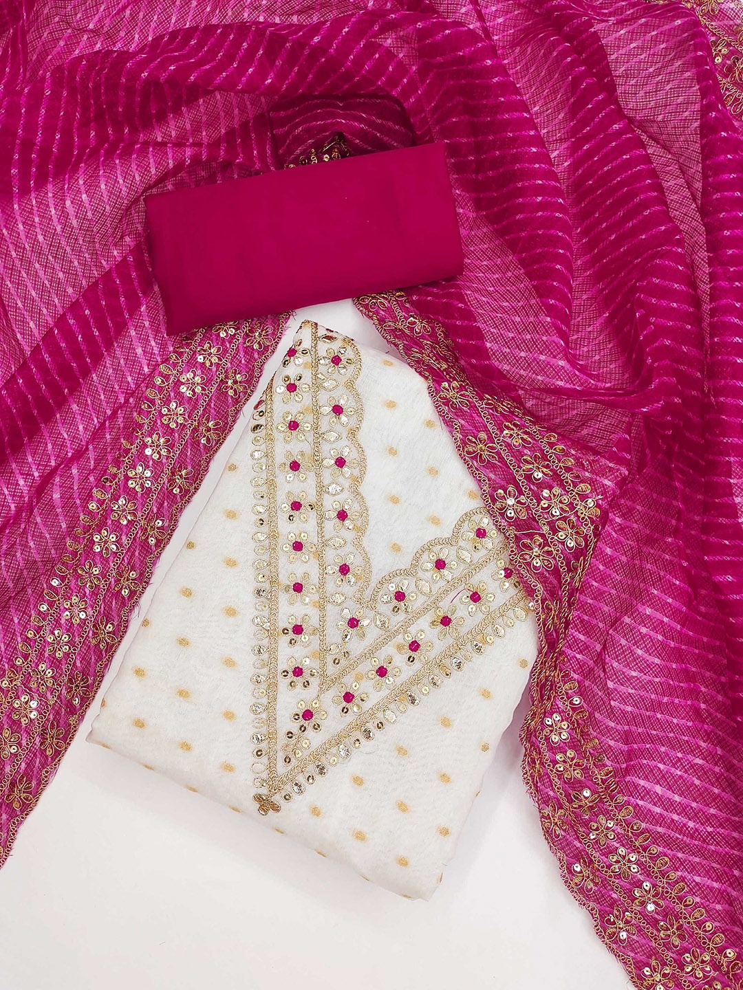 

Panzora Geometric Woven Design Sequinned Chanderi Silk Unstitched Dress Material, Pink