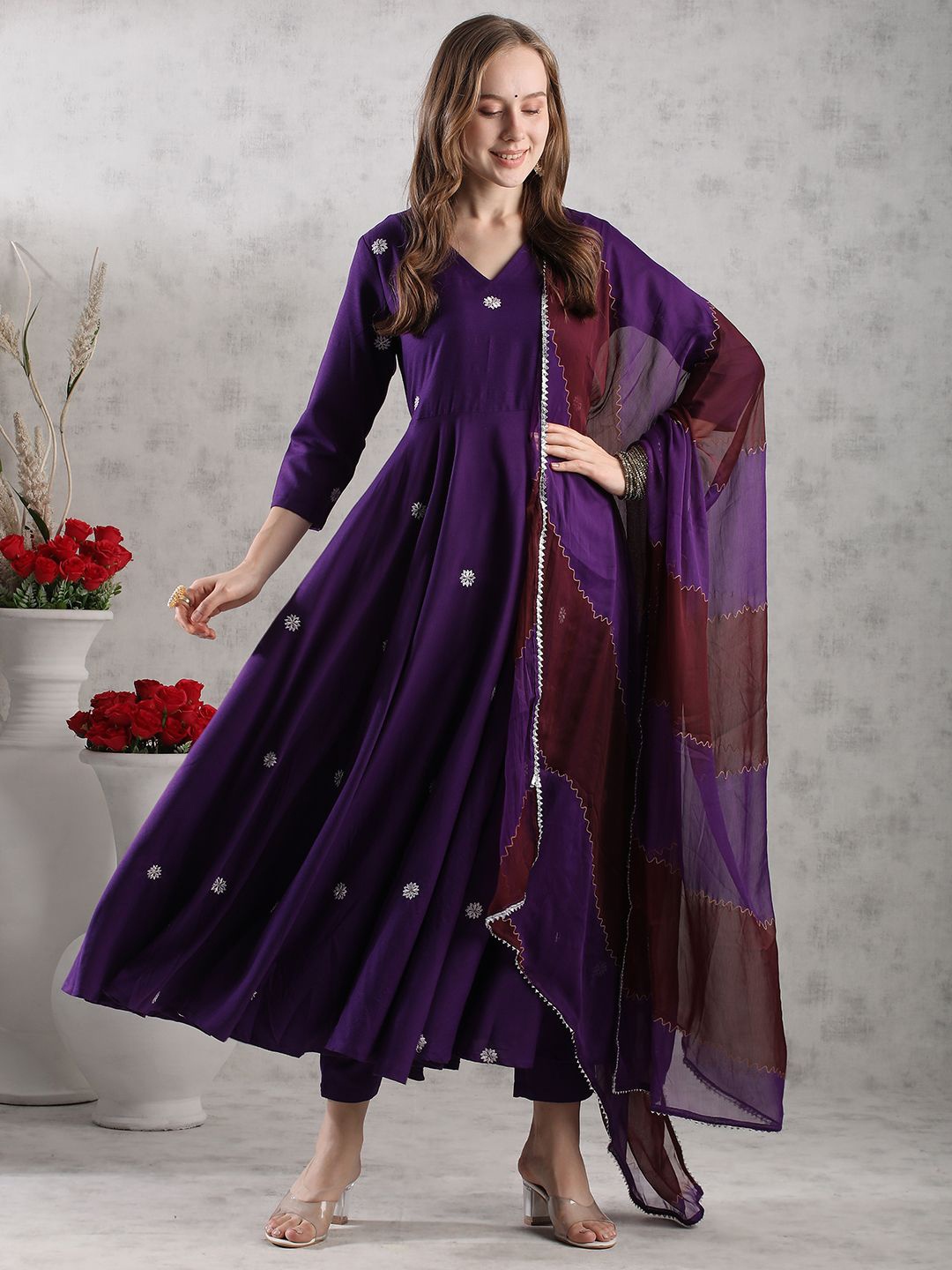 

GoSriKi Floral Embroidered Thread Work Anarkali Kurta with Trouser & Dupatta, Purple