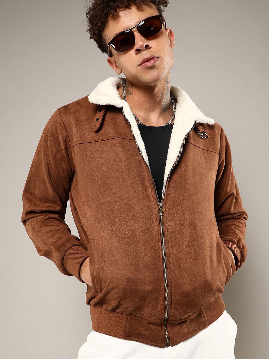 

Campus Sutra Men Spread Collar Solid Casual Bomber Jacket, Brown