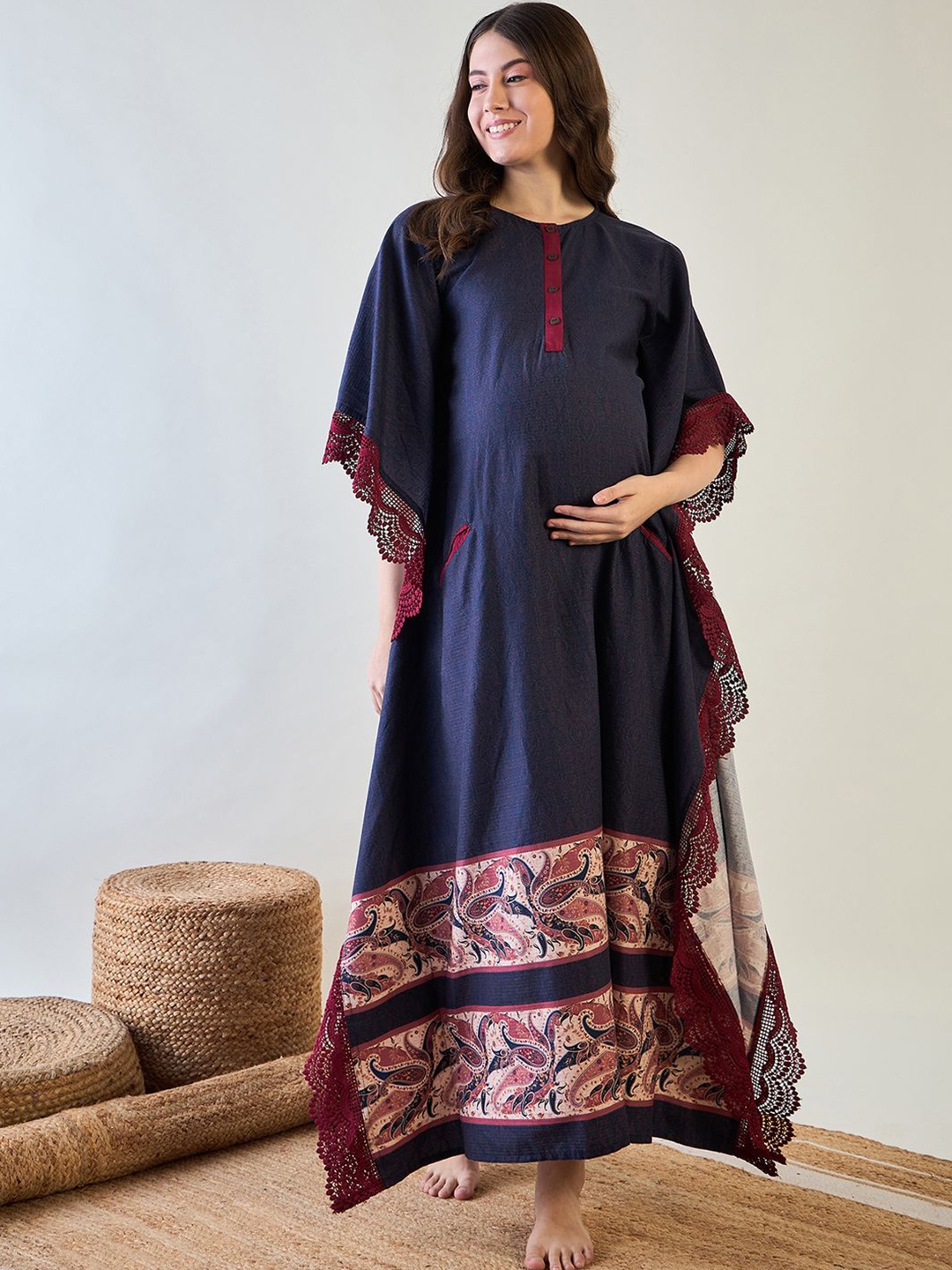 

The Kaftan Company Ethnic Motifs Printed Maternity Kaftan Maxi Nightdress, Blue