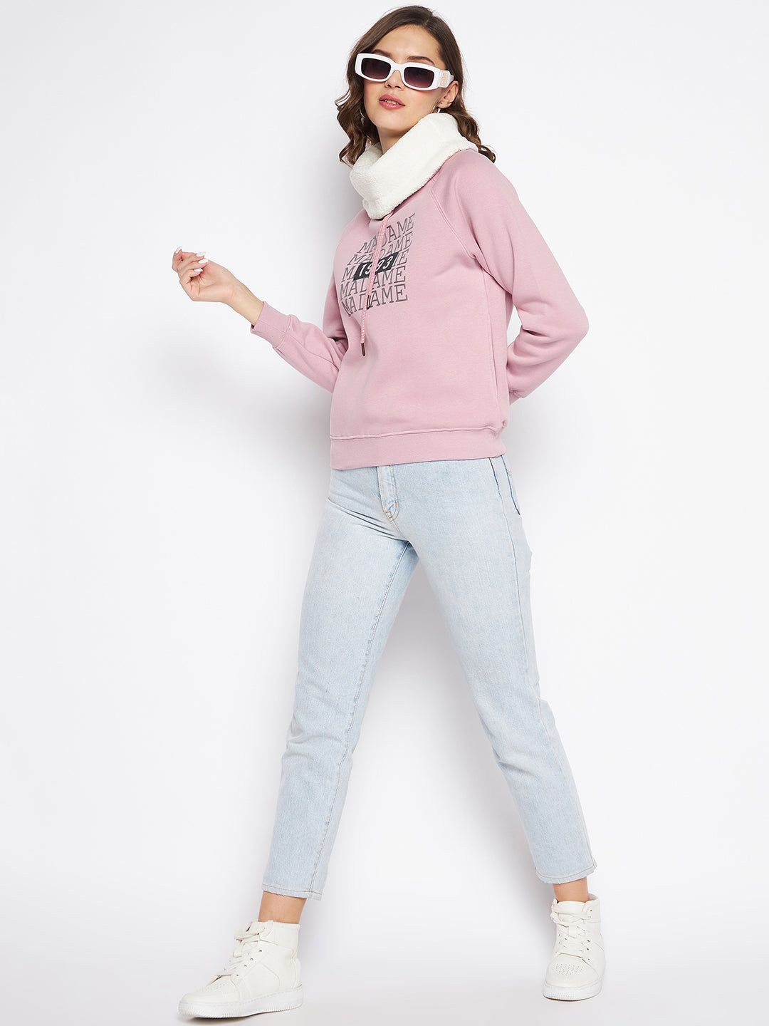 

Madame Women Printed Cotton High Neck Sweatshirt, Pink