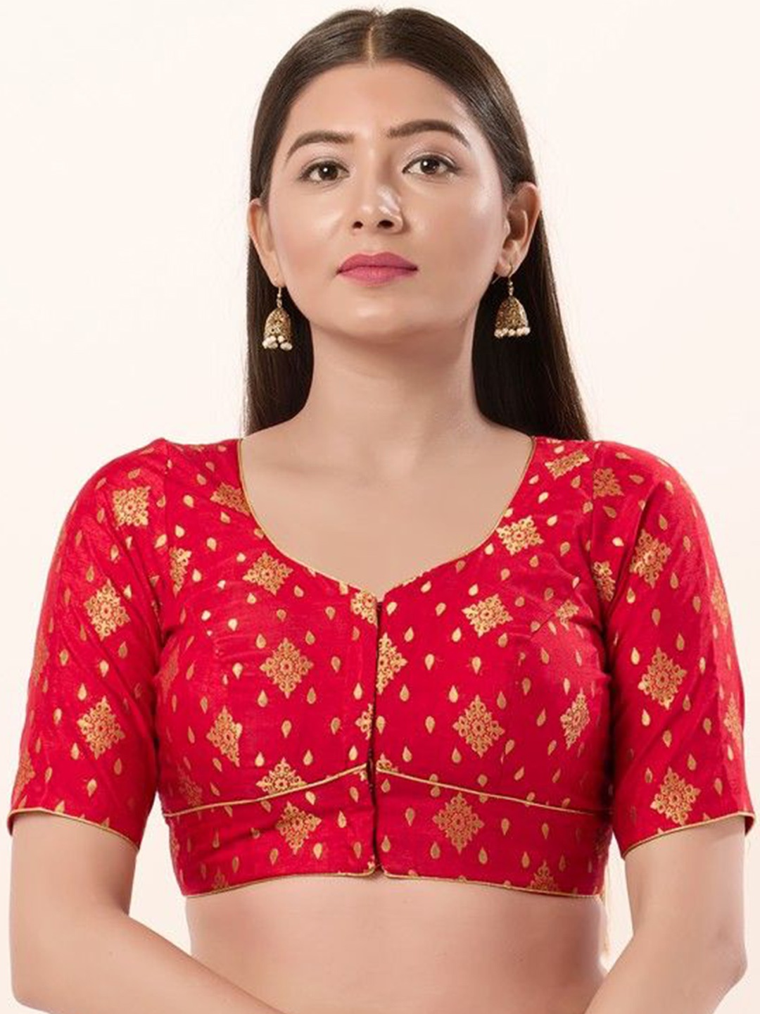 

Mmore Woven Design Brocade Padded Saree Blouse, Red