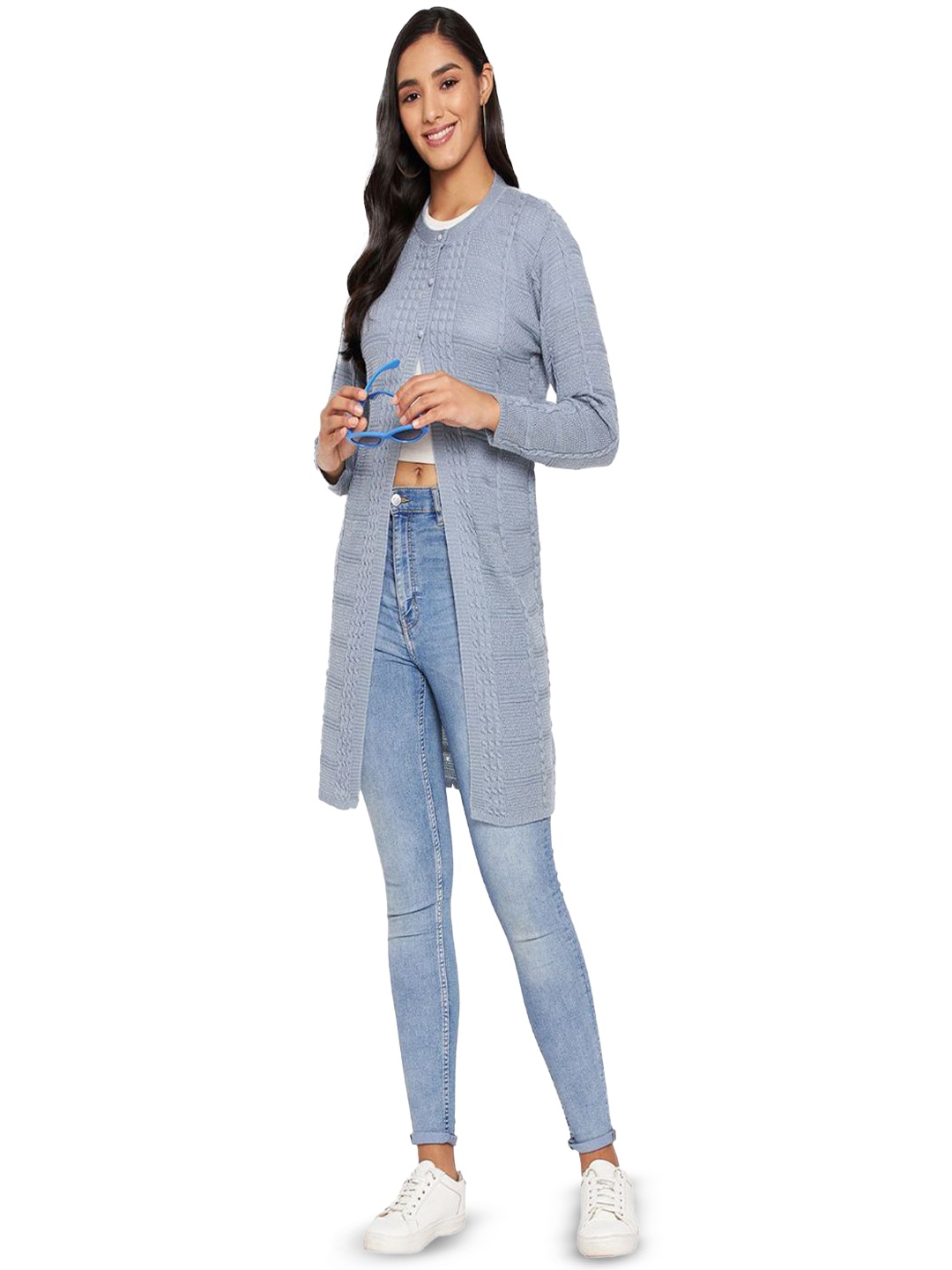 

CLAPTON Geometric Self Design Woollen Cardigan Sweater, Blue