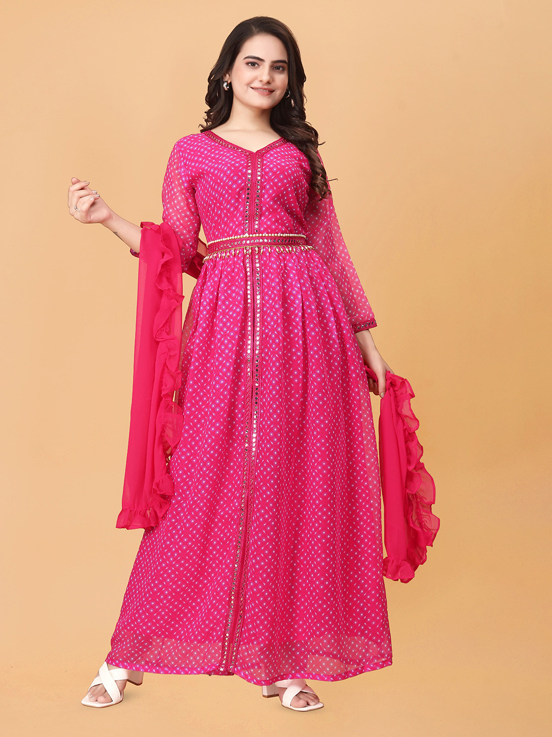 

SHREE PAKHI Embellished Maxi Dress With Waist Belt, Pink
