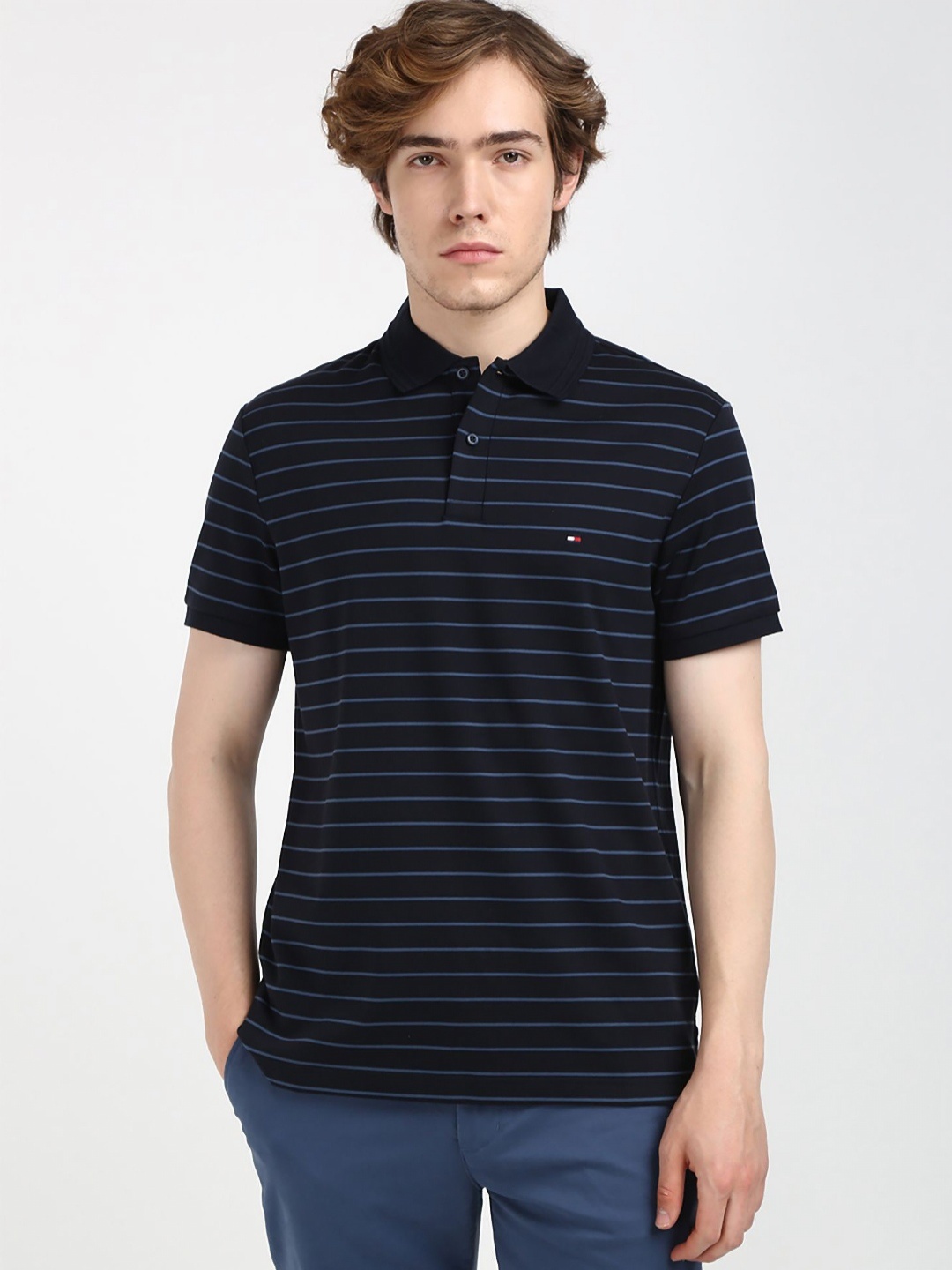 

Tommy Hilfiger Men Striped Polo Collar Cotton T-shirt, Navy blue