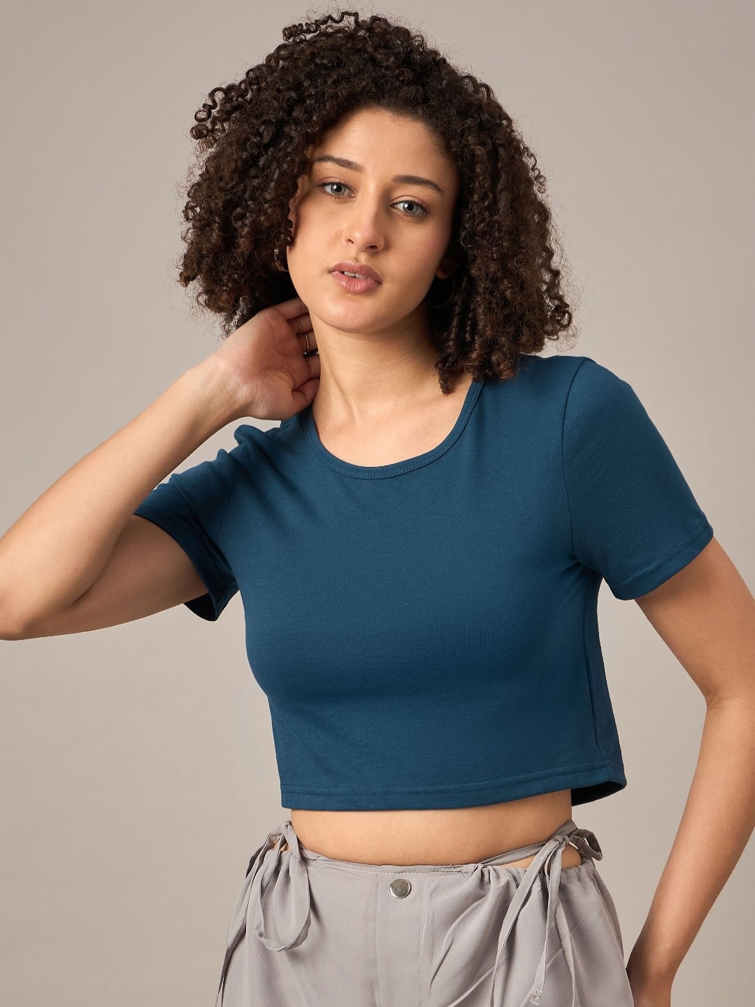 

Mayra Women Solid Round Neck Cotton T-shirt, Teal