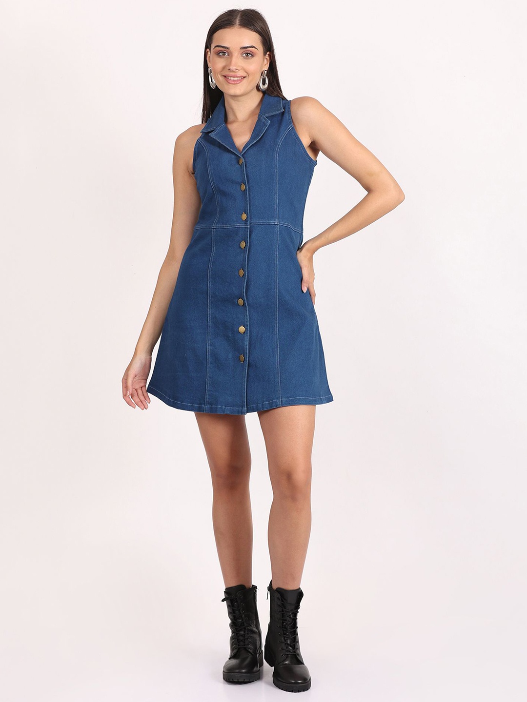 

SUMAVI-FASHION Women Shirt Collar Denim A-Line Above Knee Dress, Blue