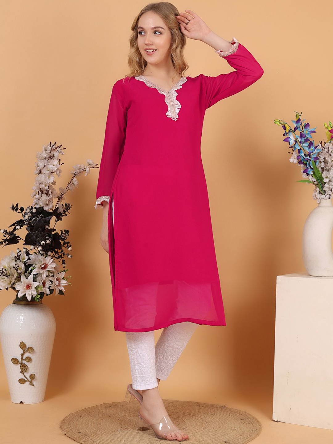 

Tulip Eden V-Neck Georgette Straight Kurta, Pink