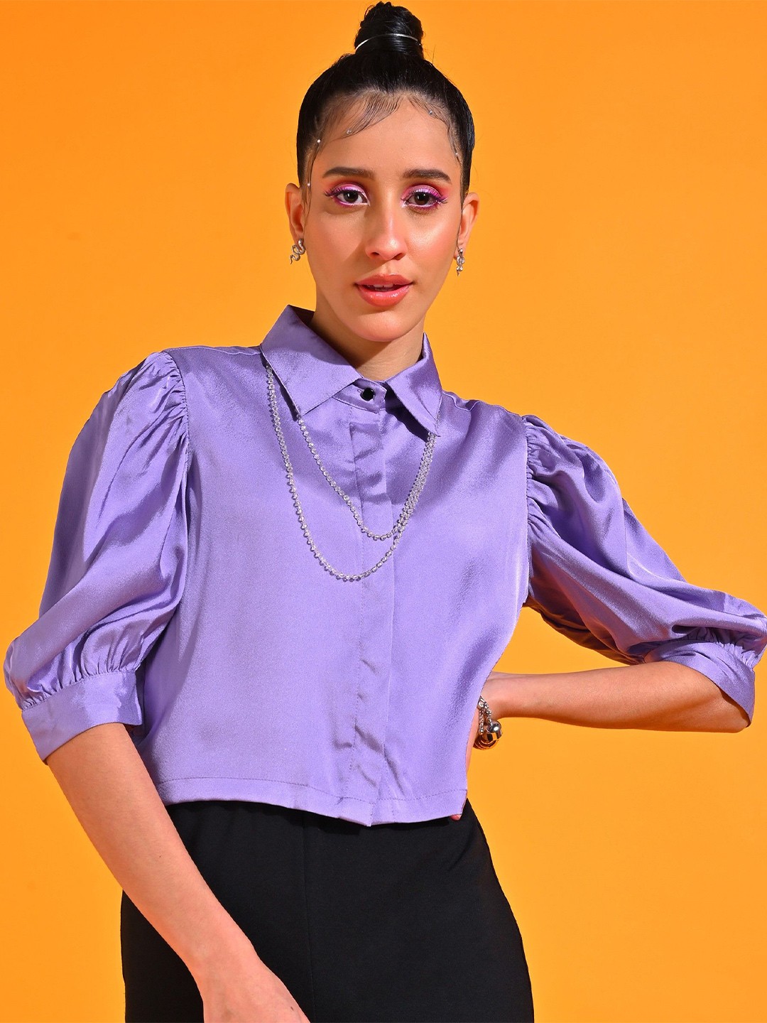

SHECZZAR Women Classic Spread Collar Solid Casual Shirt, Purple