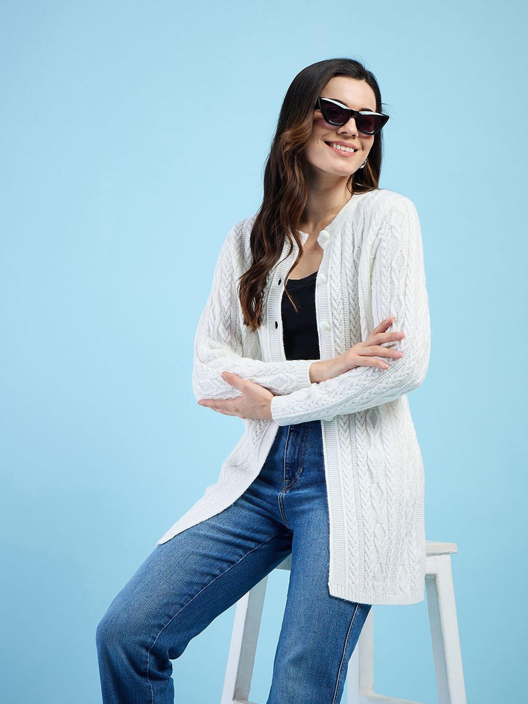 

Clapton Women Woolen Long Sleeve Cardigan Sweaters, White