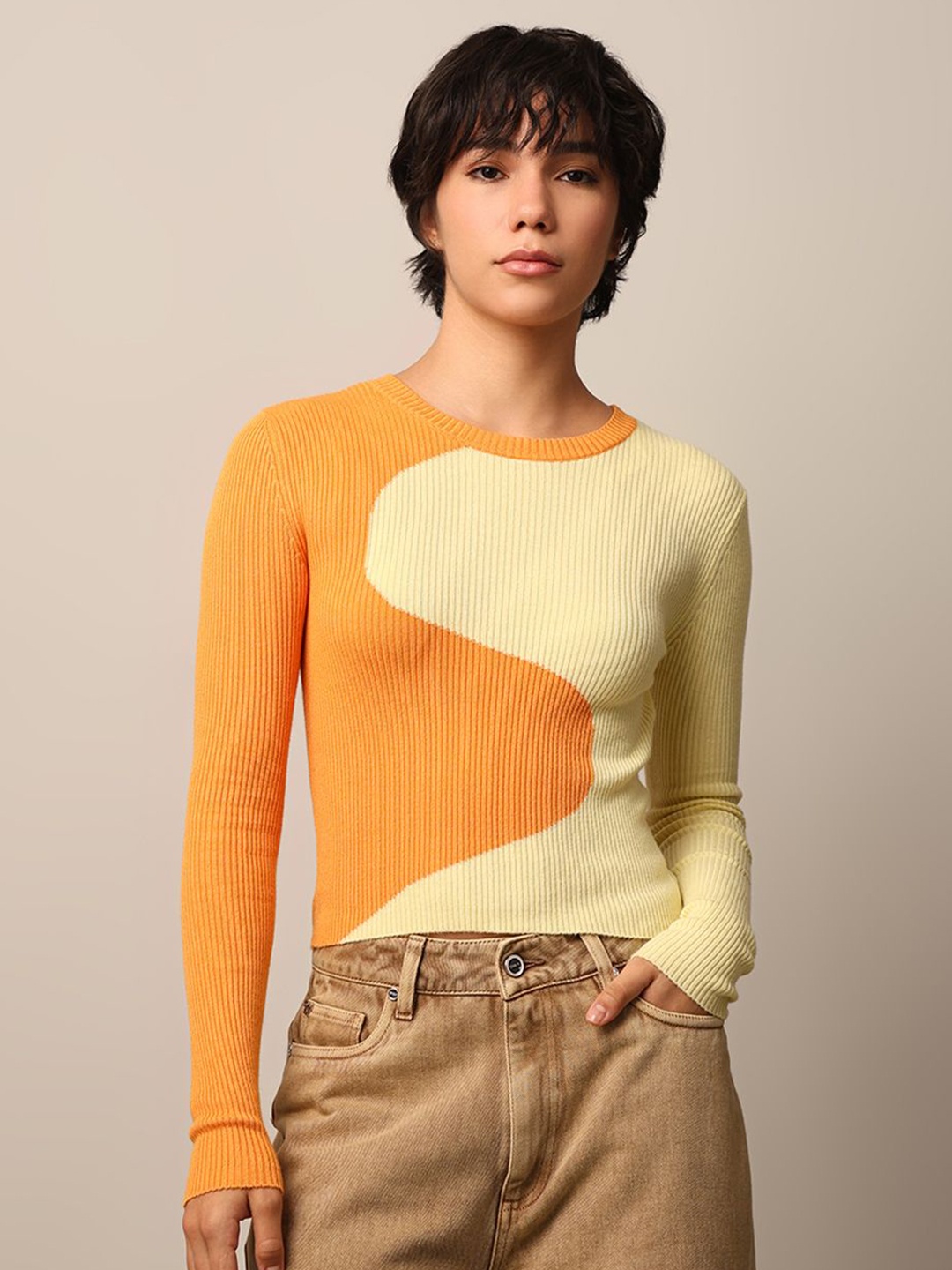 

ONLY Women Colourblocked Round Neck Pullover Sweater, Yellow