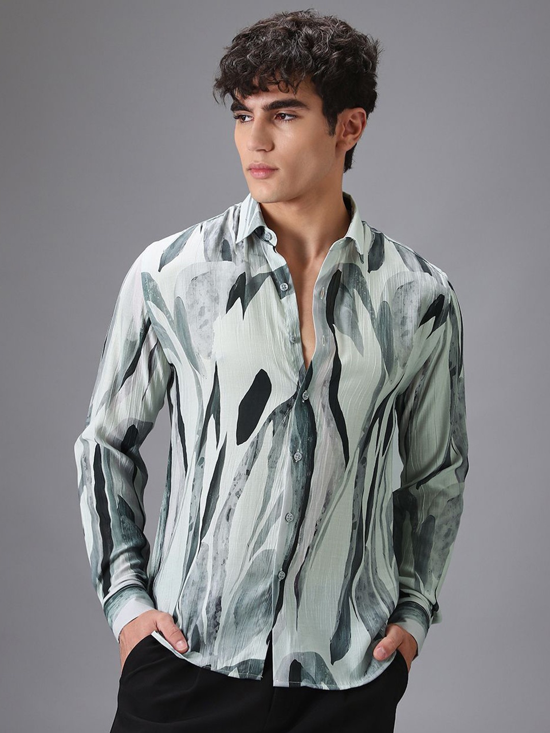 

Banana Club Men Classic Slim Fit Semi Sheer Printed Casual Shirt, Green