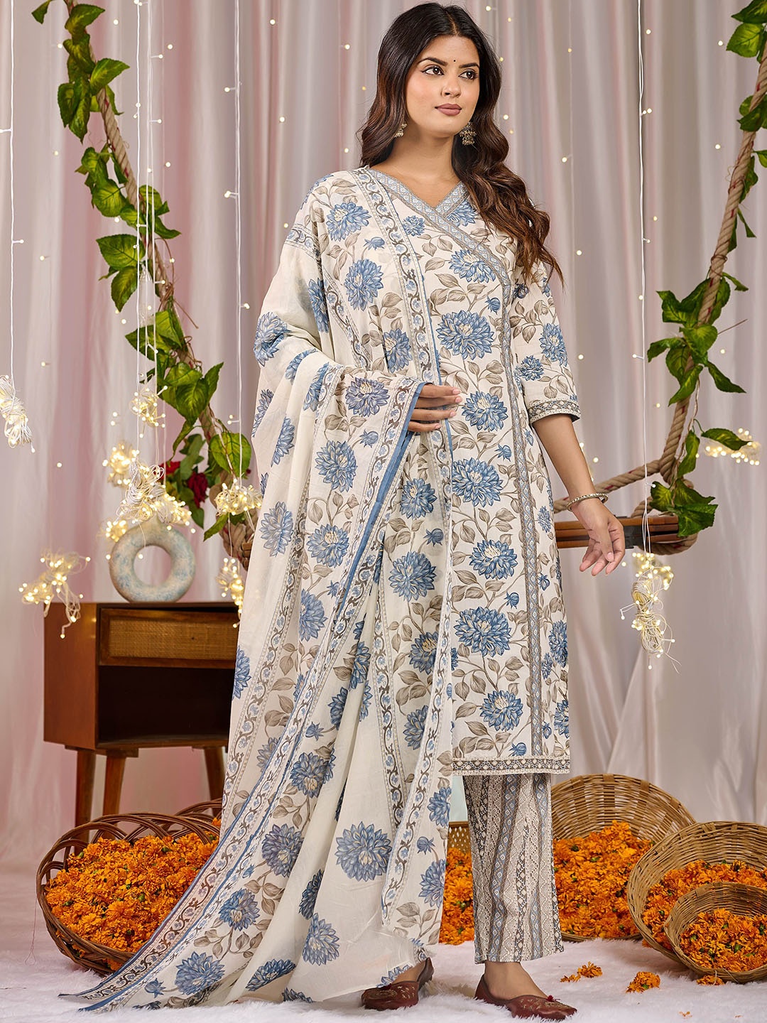 

Moktika Floral Printed Angrakha Pure Cotton Straight Kurta with Trousers & Dupatta, Blue