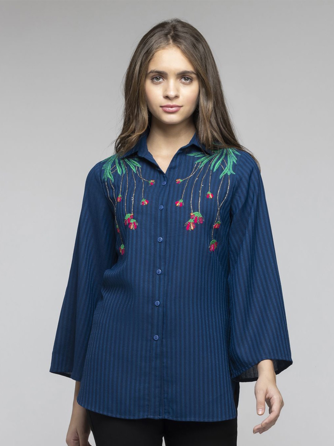 

SHAYE Women Floral Embroidered Shirt Style Top, Blue