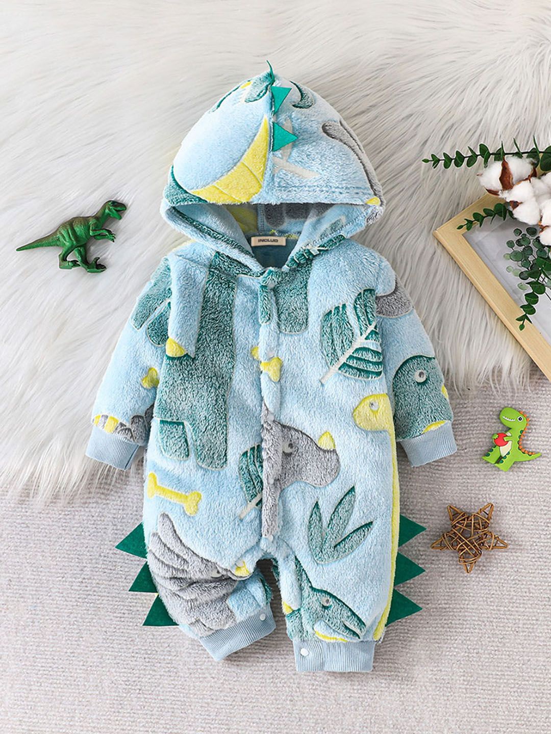 

INCLUD Boys Hooded Printed Rompers, Teal