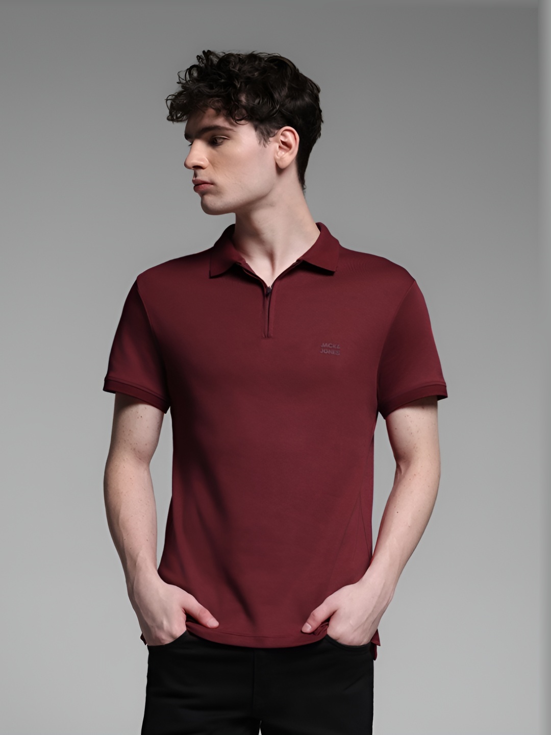 

Jack & Jones Men Solid Polo Collar Cotton T-shirt, Maroon