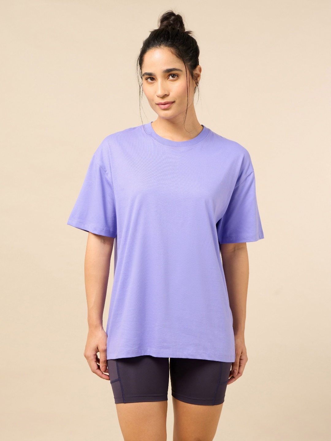 

CULT Women Bio Finish Solid Round Neck Cotton Oversized T-shirt, Lavender