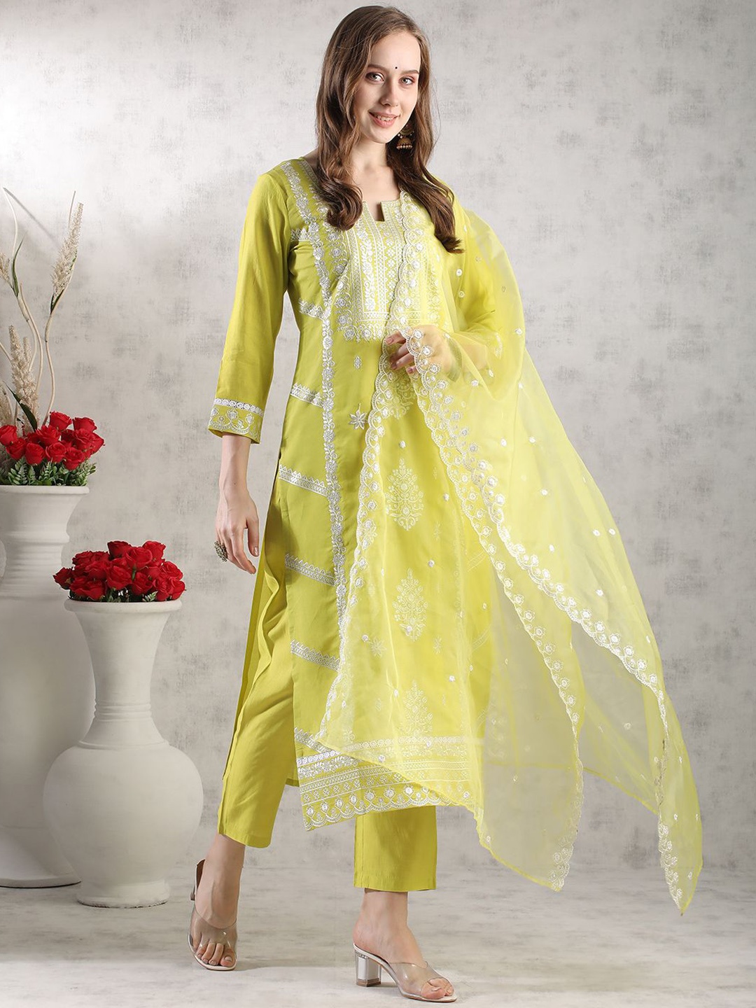 

Anni Designer Ethnic Motifs Printed Regular Straight Kurta with Trousers & Dupatta, Green