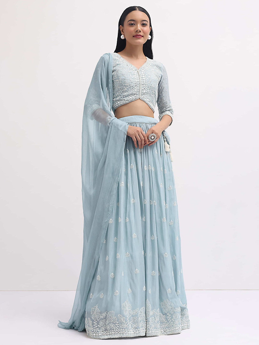 

FABPIXEL Embroidered Mirror Work Semi-Stitched Lehenga & Unstitched Blouse With Dupatta, Blue