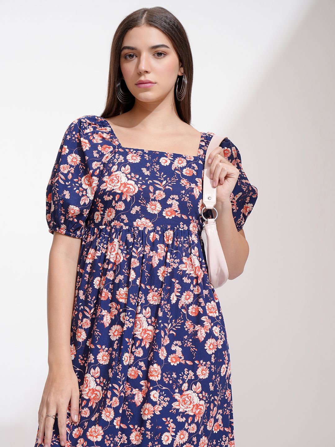 

Tokyo Talkies Women Floral Printed Cotton Fit & Flare Midi Dress, Navy blue