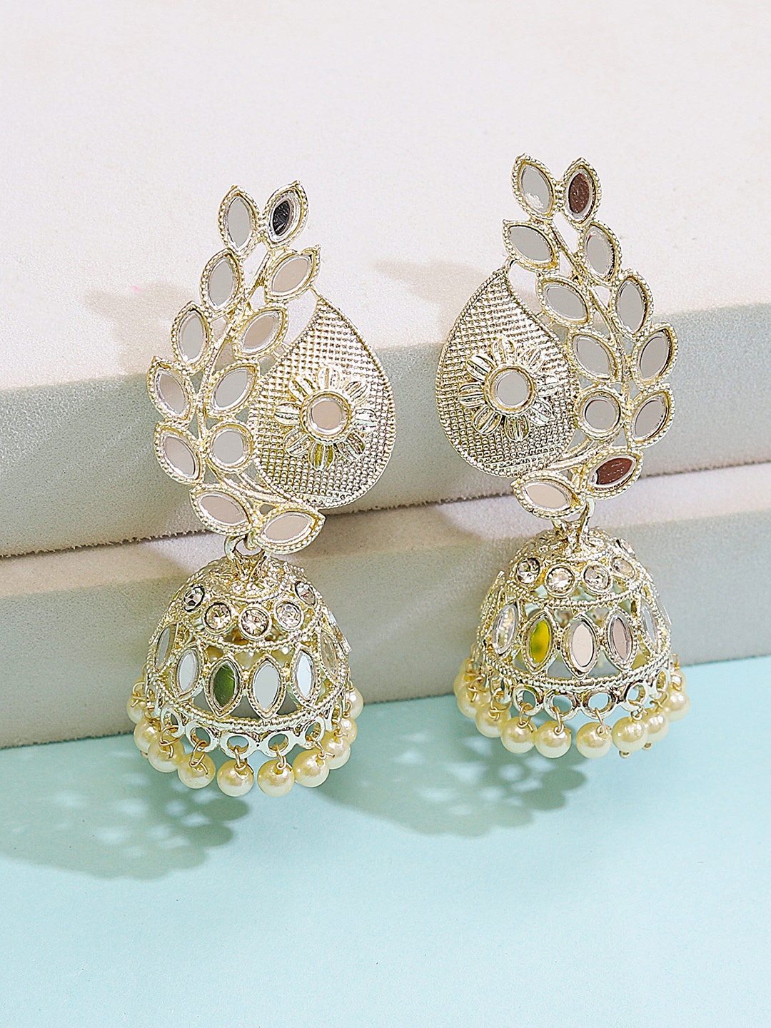 

Styled Diva Silver Plated Stone Studded & Beaded Dome Shaped Jhumkas