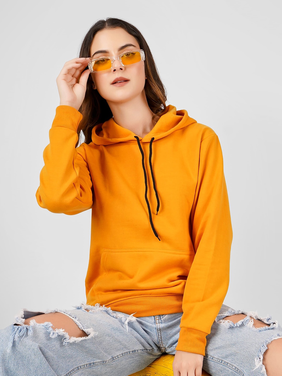 

MIMID Women Yellow Long Sleeves Cotton Hooded Sweatshirt