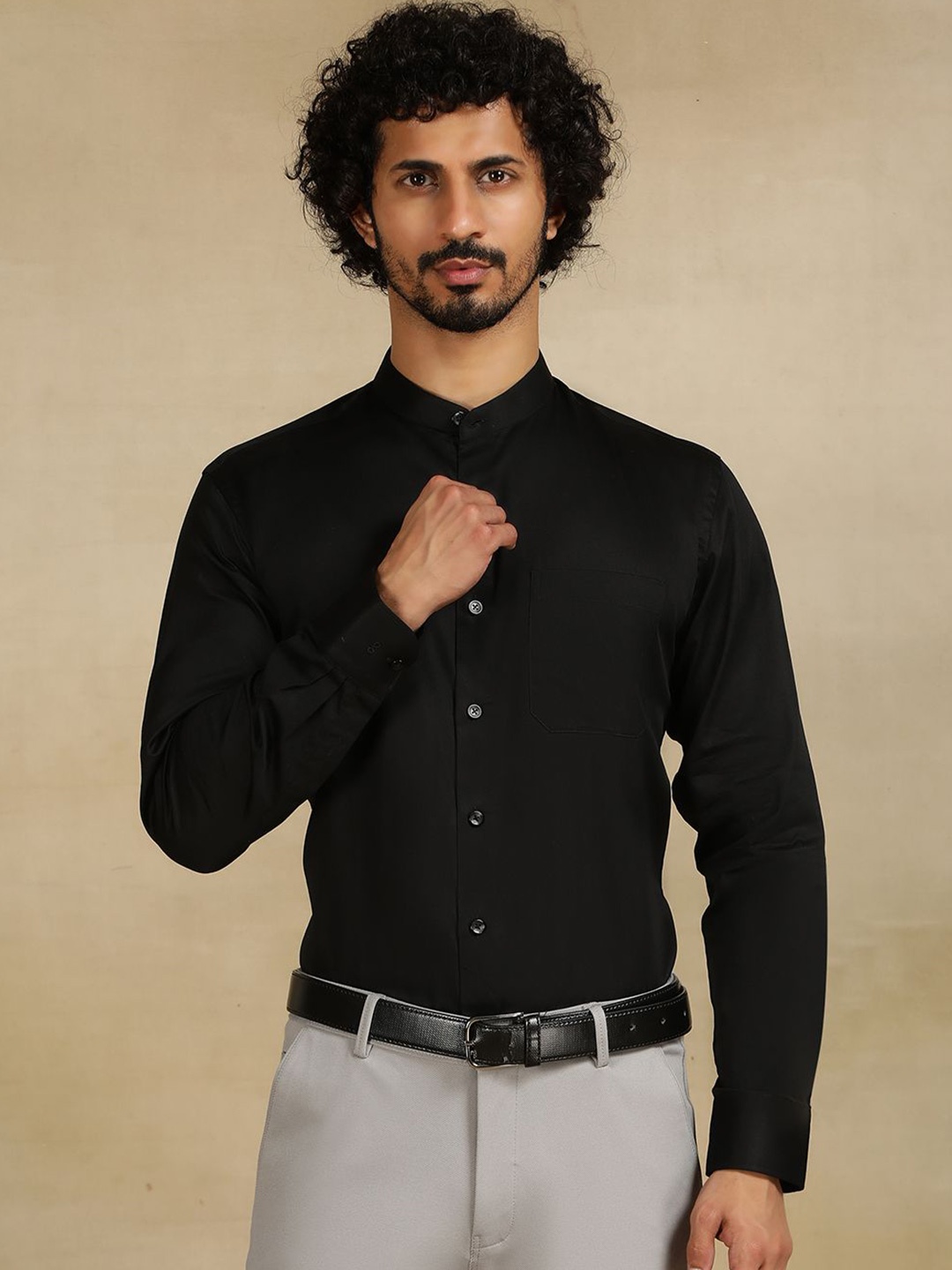 

METAL Men Band Collar Solid Cotton Slim Fit Formal Shirt, Black