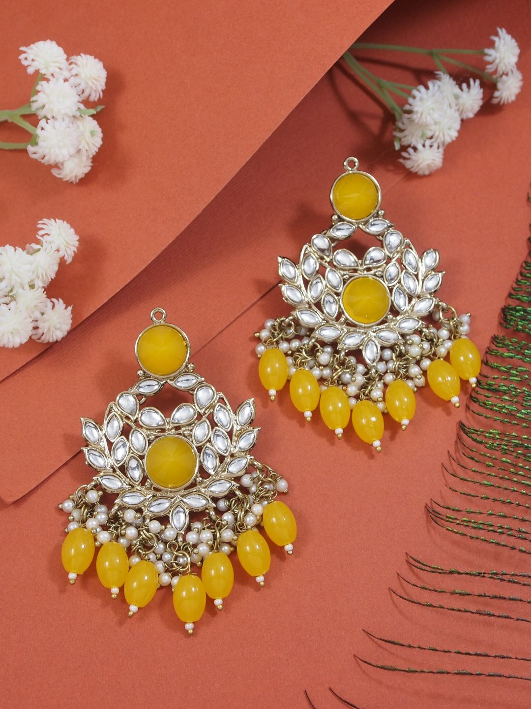 

I Jewels Gold-Plated Contemporary Kundan Stud Chandbalis Earrings, Yellow