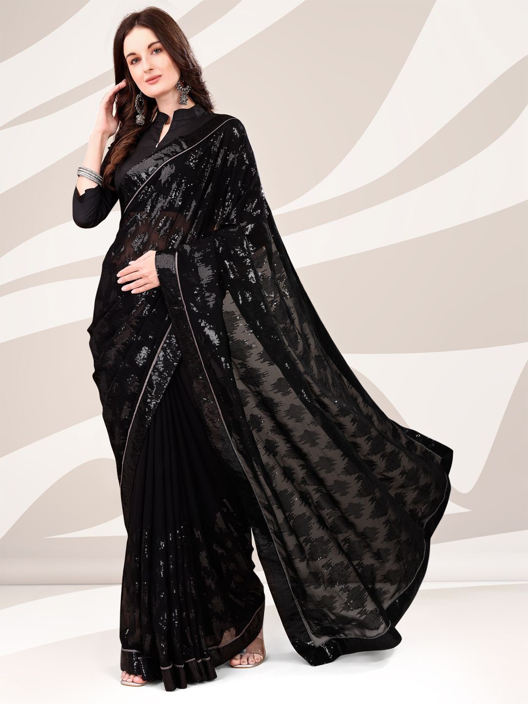 

Mitera Embellished Sequinned Saree, Black