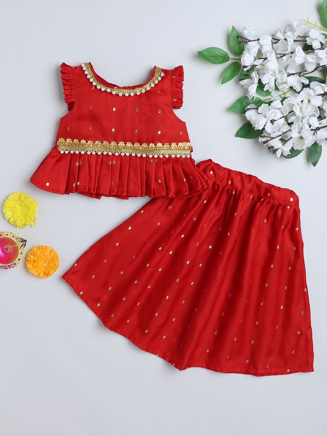 

MANY FROCKS & Girls Embellished Beads and Stones Ready to Wear Lehenga Choli, Red