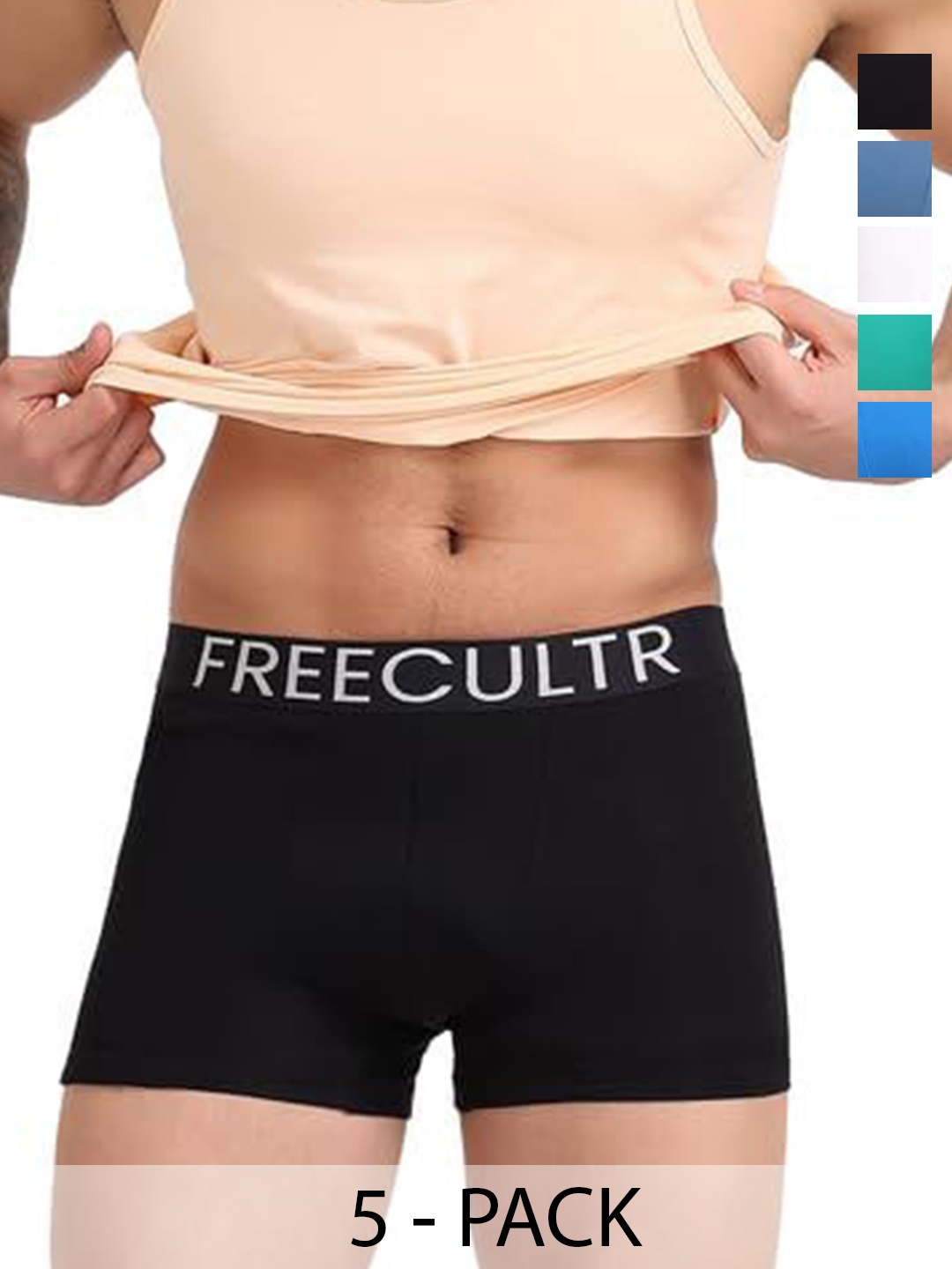 

FREECULTR Pack Of 5 Premium Snug Organic Cotton Trunks FC-CTN-T-BLK-BRB-WHT-HOG-SBL-05_S, Black