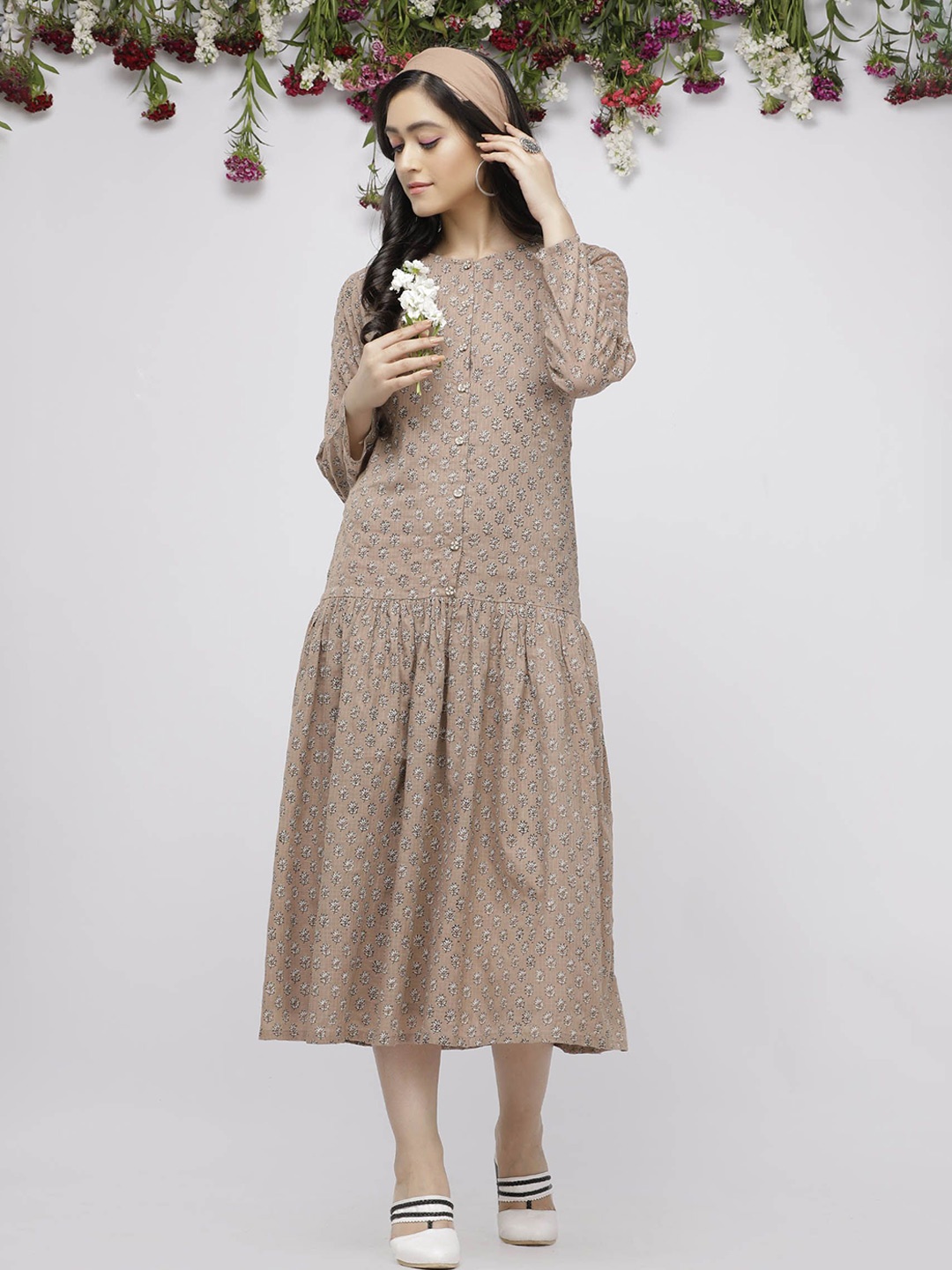 

TJORI Women Cotton Printed Drop-Waist Midi Dress, Beige