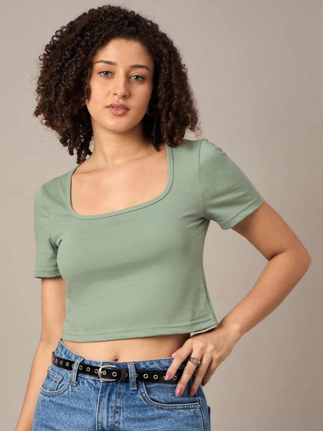 

Mayra Women Solid Scoop Neck Cotton T-shirt, Green