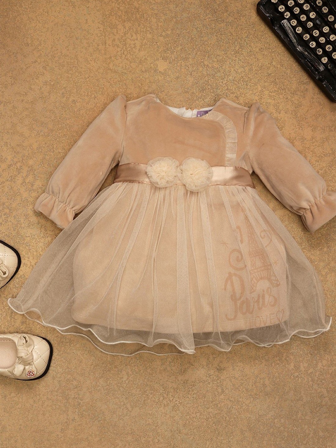 

One Friday Solid Round Neck Fit and Flare Dress, Beige