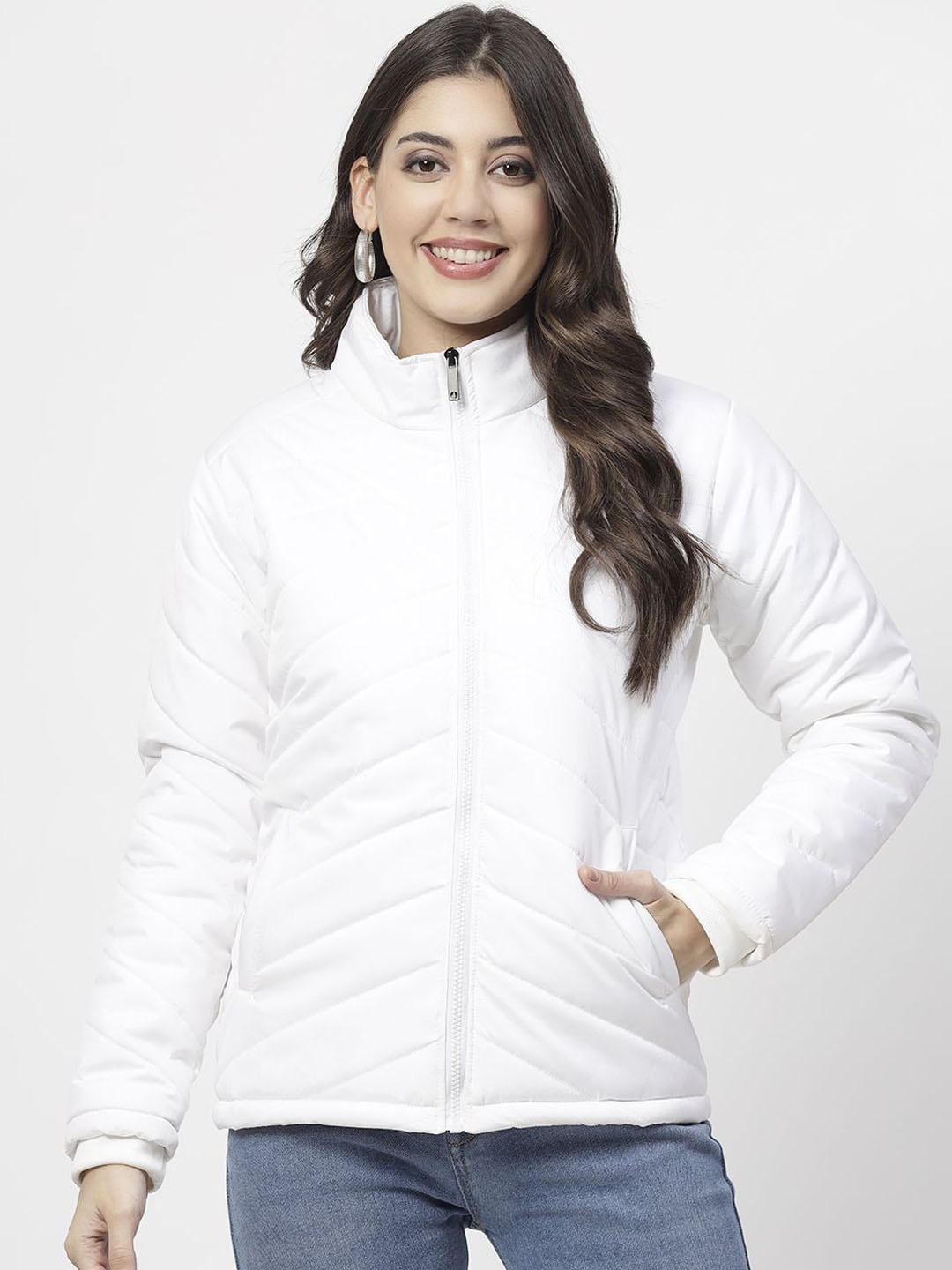 

WELL QUALITY Women Mock Collar Solid Casual Padded Jacket, White