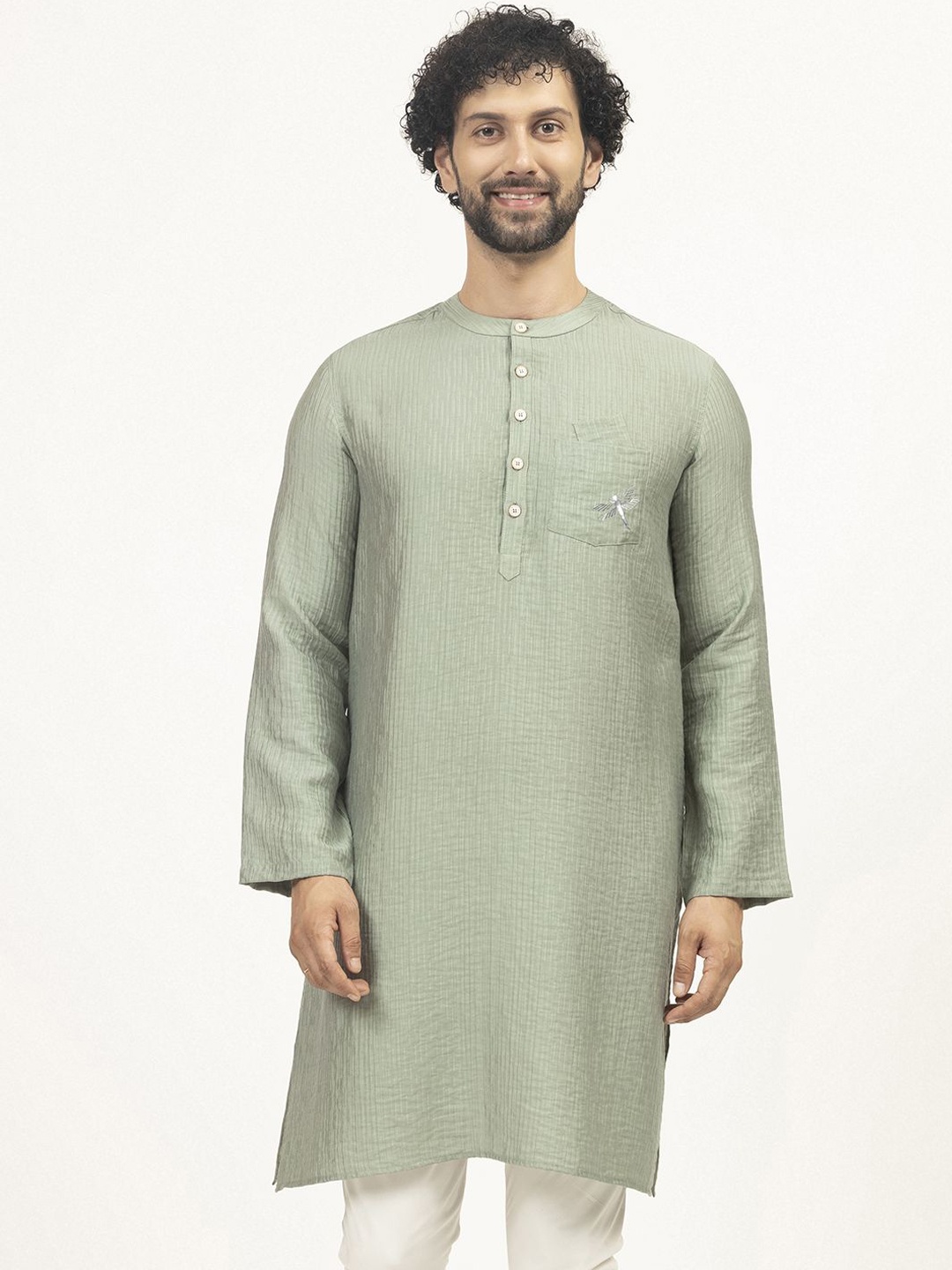 

LELA Band Collar Dragonfly Thread Work Straight Kurta, Green