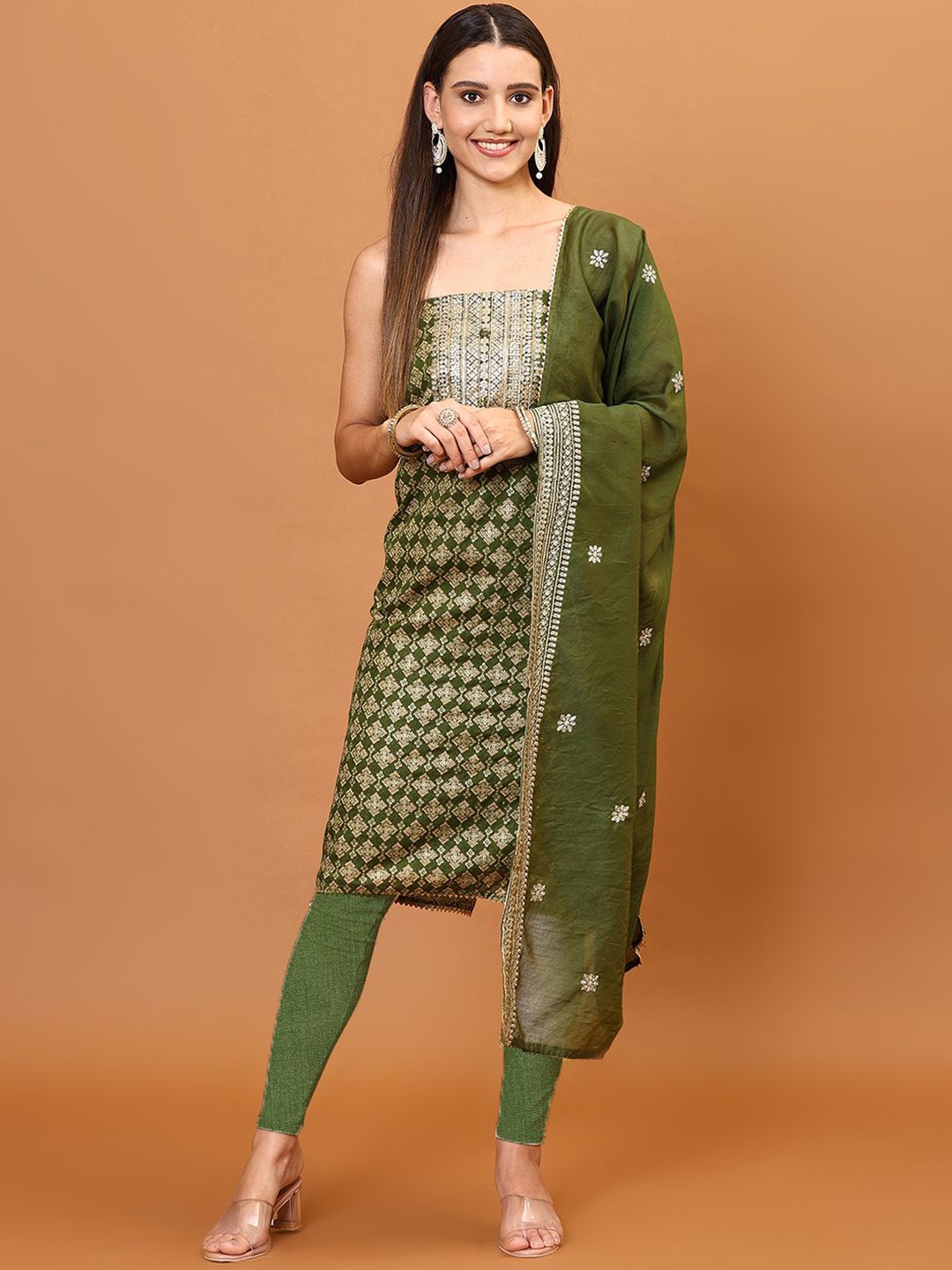 

Meena Bazaar Floral Embroidered Sequinned Unstitched Dress Material, Green