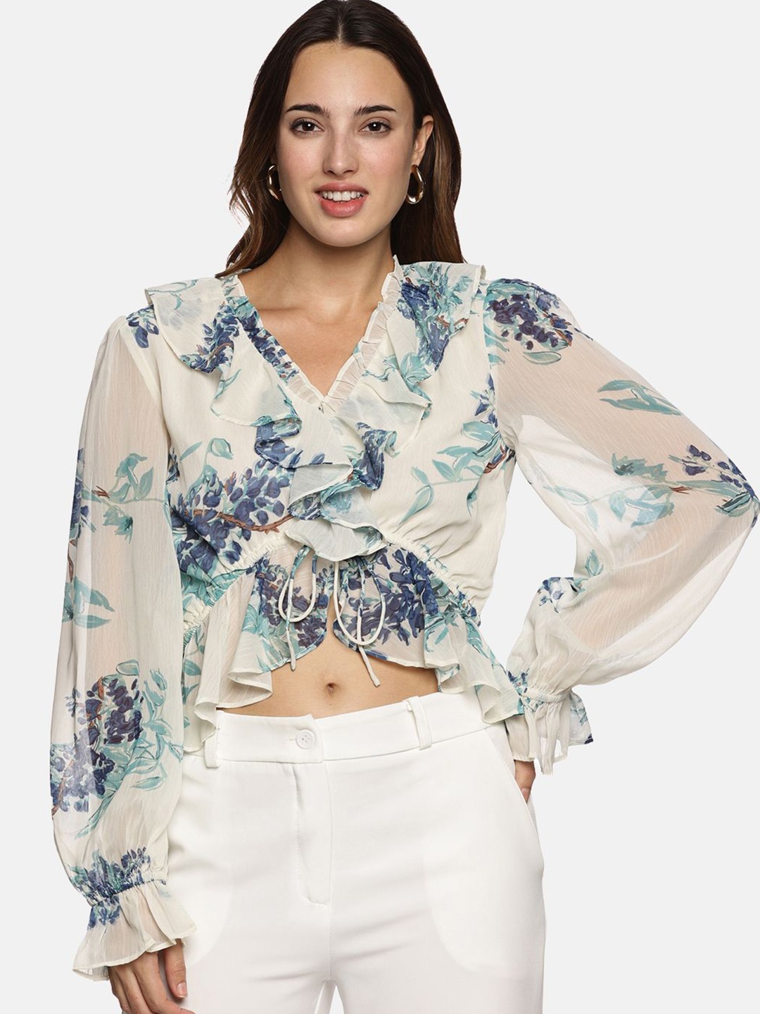 

ISU Women Floral Printed Chiffon Top, White