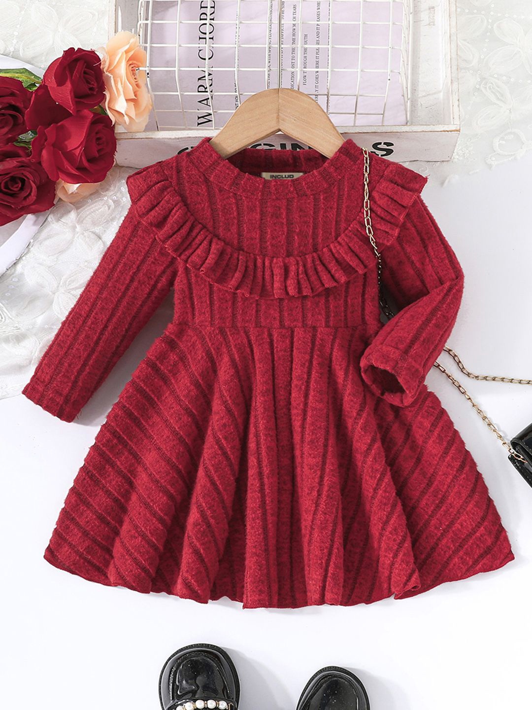 

INCLUD Girls Cotton Fit & Flare Long Sleeves Dress, Red