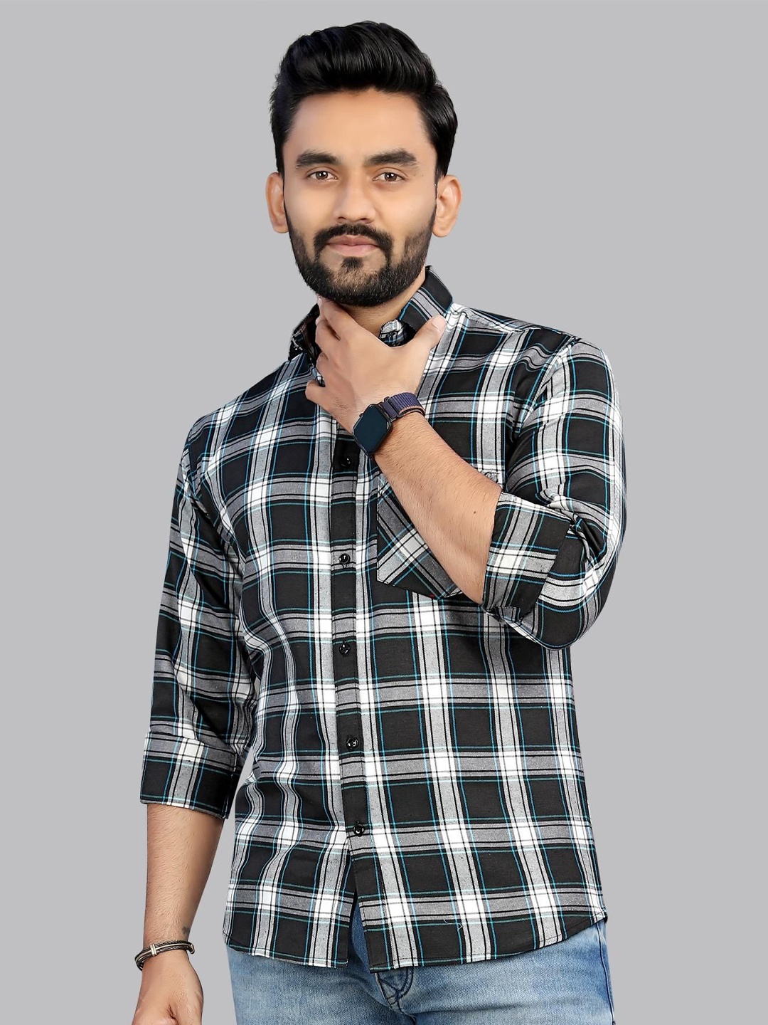 

ADWYN PETER Men Classic Spread Collar Tartan Checked Cotton Casual Shirt, Black