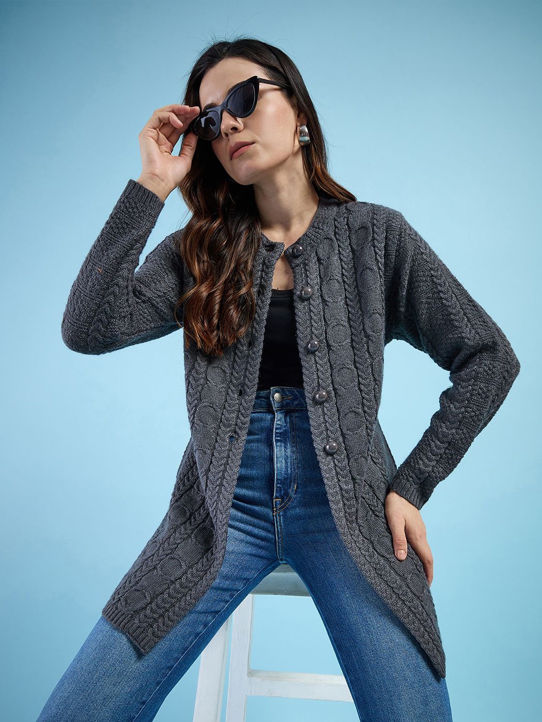 

CLAPTON Self Design Woolen Front-Open Sweater, Grey