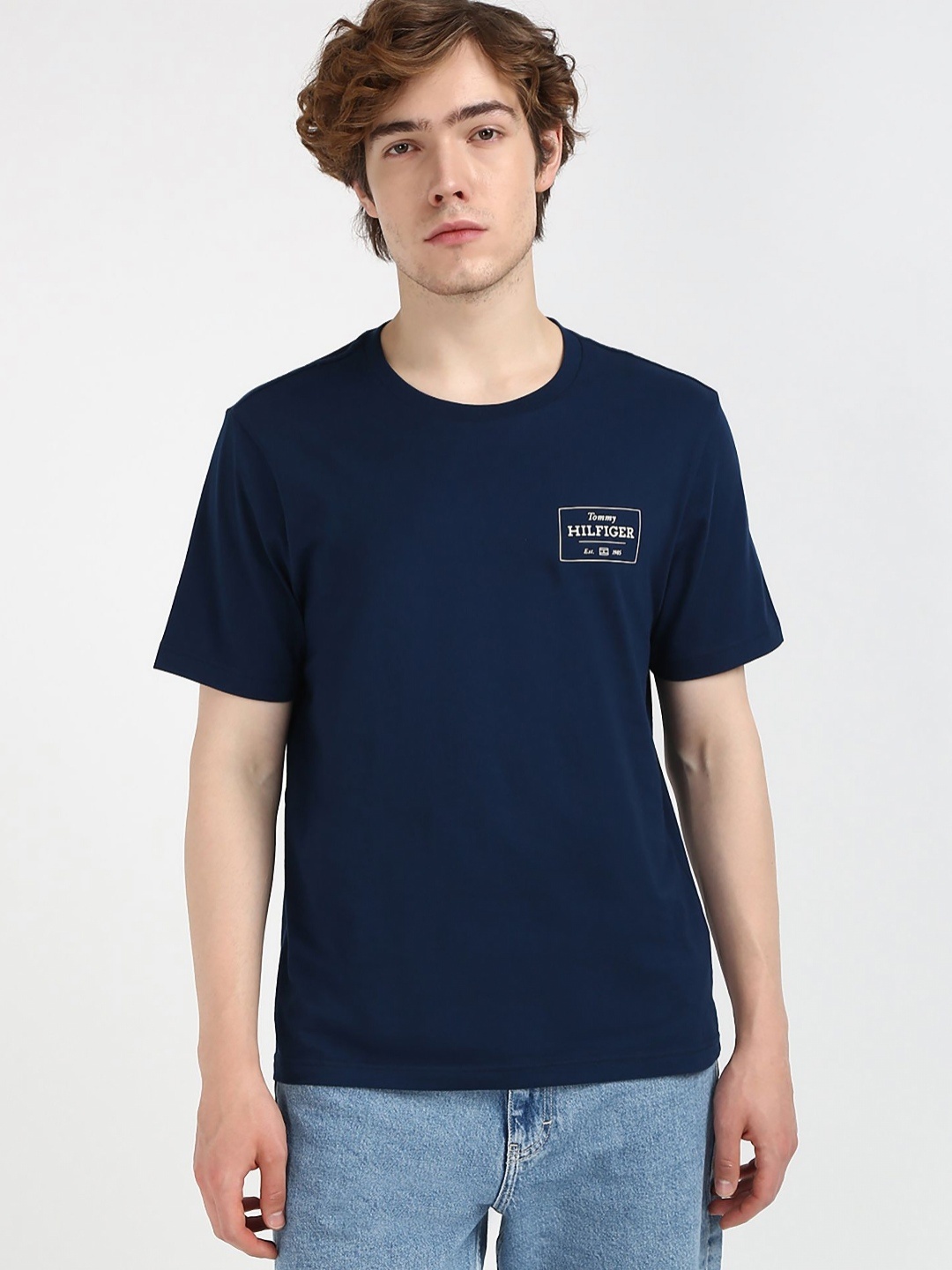 

Tommy Hilfiger Men Typography Printed Round Neck Cotton T-shirt, Navy blue