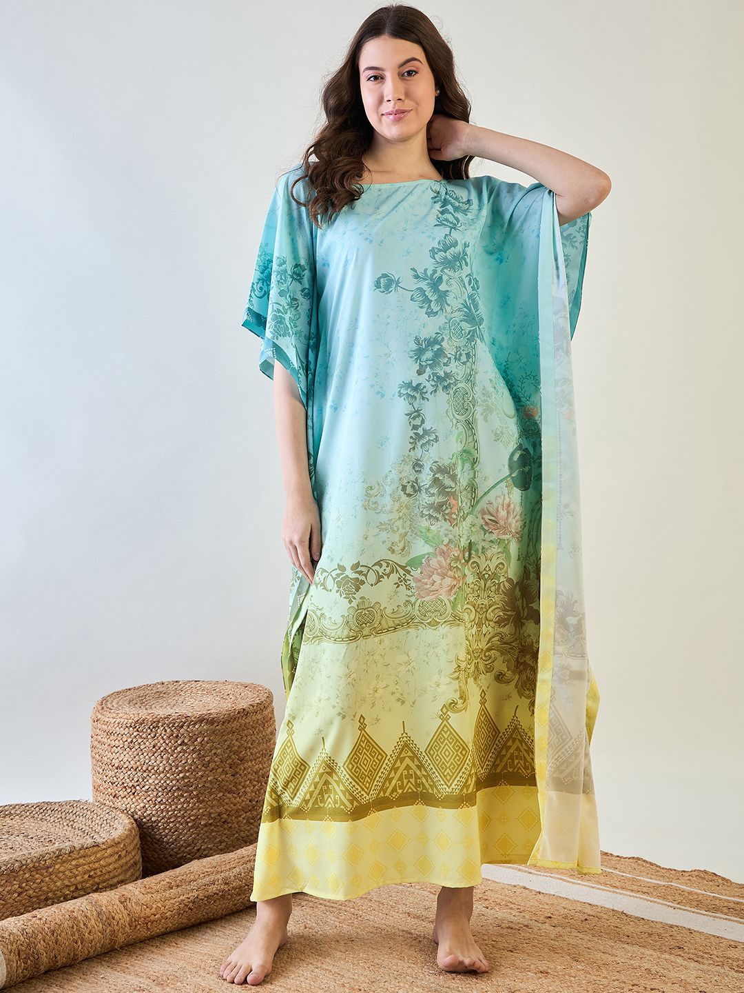 

The Kaftan Company Woman Everyday Ethnic Motifs Printed Kaftan Nightdress, Blue