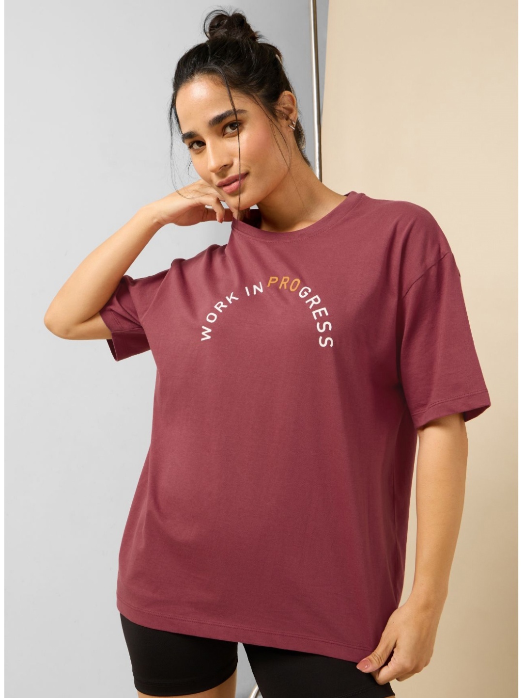 

CULT Women Bio Finish Typography Printed Round Neck Cotton Oversized T-shirt, Pink