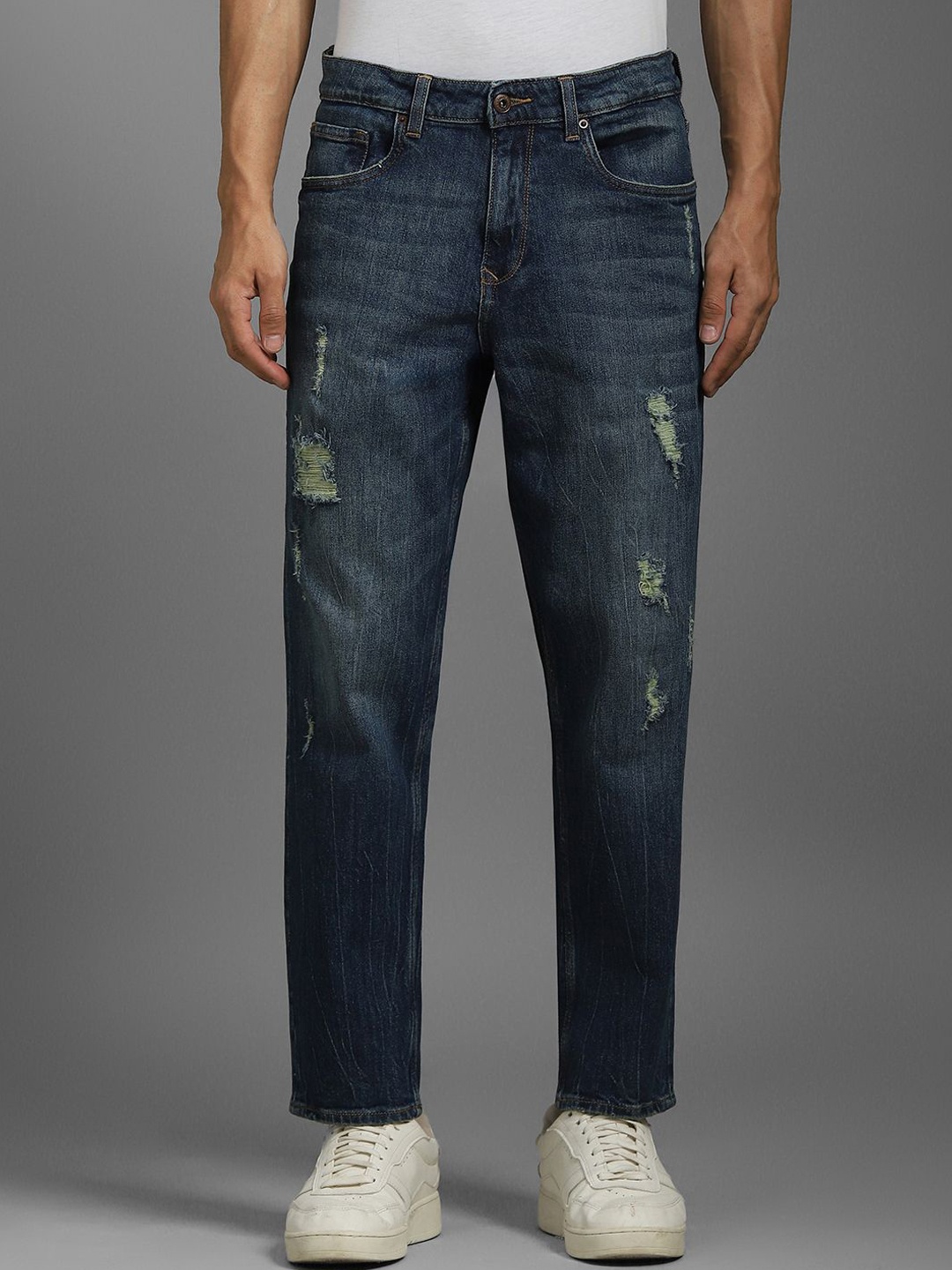 

Louis Philippe Jeans Men Low Distress Cotton Heavy Fade Jeans, Navy blue