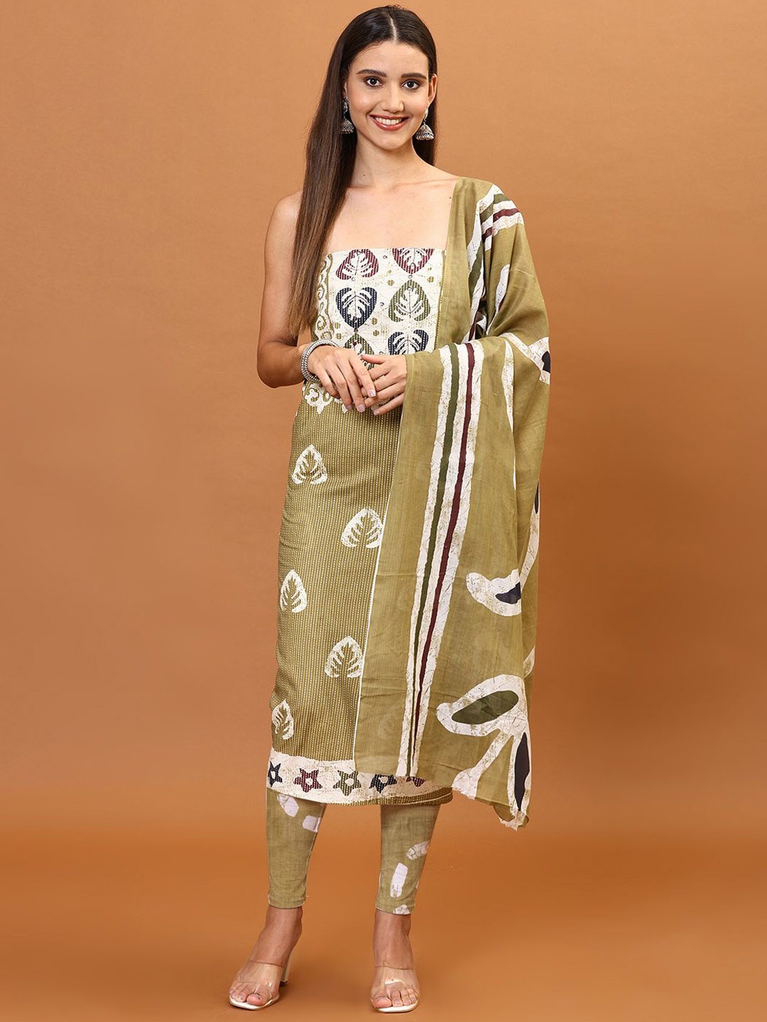 

Meena Bazaar Abstract Printed Mirror Work Unstitched Dress Material, Green