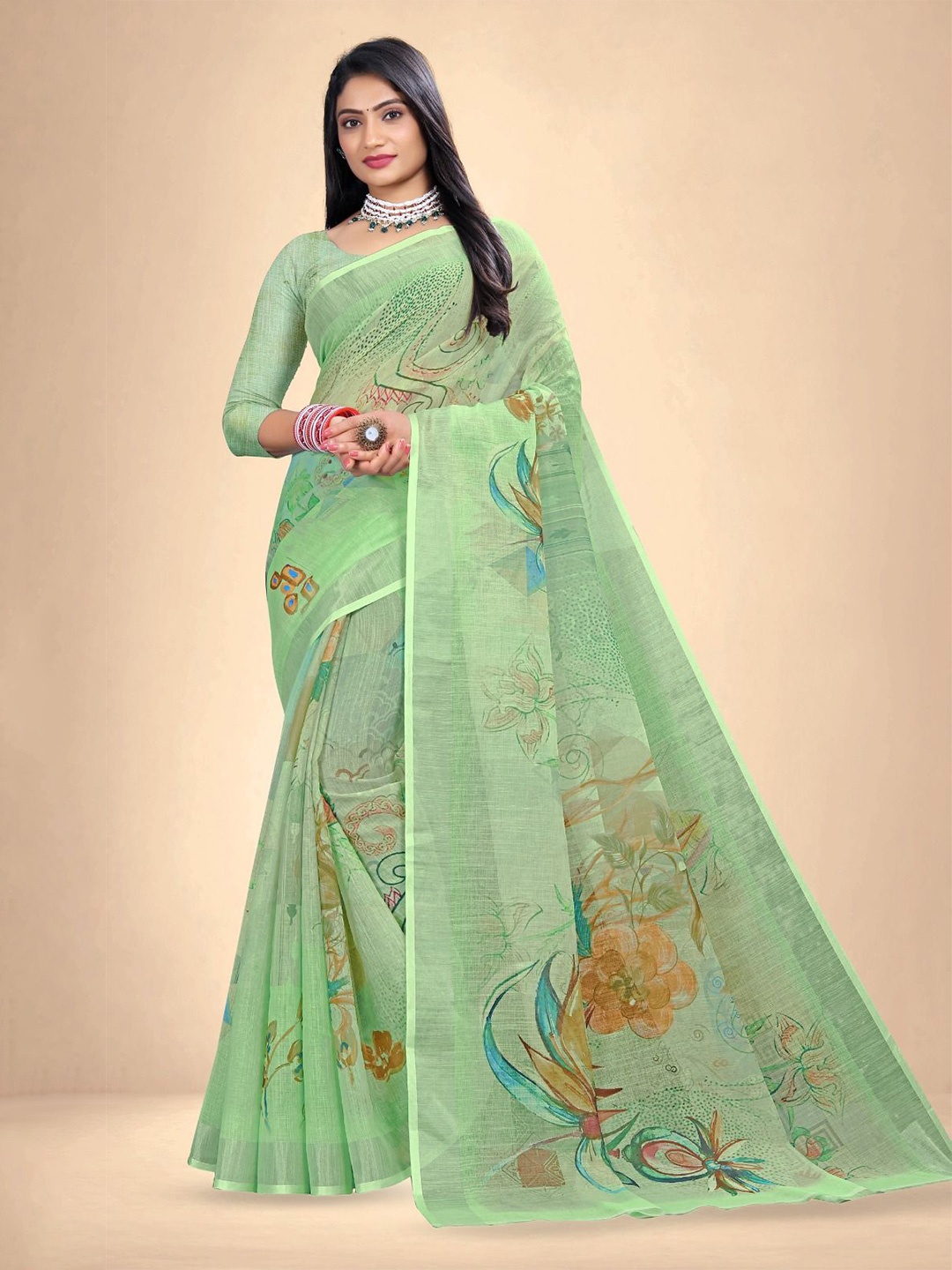 

Abhilasha Floral Pure Cotton Maheshwari Saree, Green